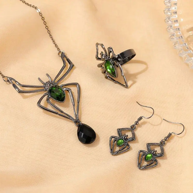 3pcs Halloween Drop-shapedp Spider Necklace Set With Earrings Ring Vintage Necklace Pendant null