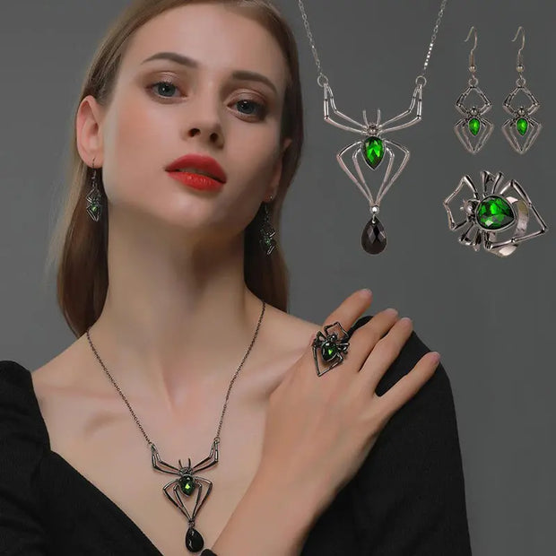 3pcs Halloween Drop-shapedp Spider Necklace Set With Earrings Ring Vintage Necklace Pendant null